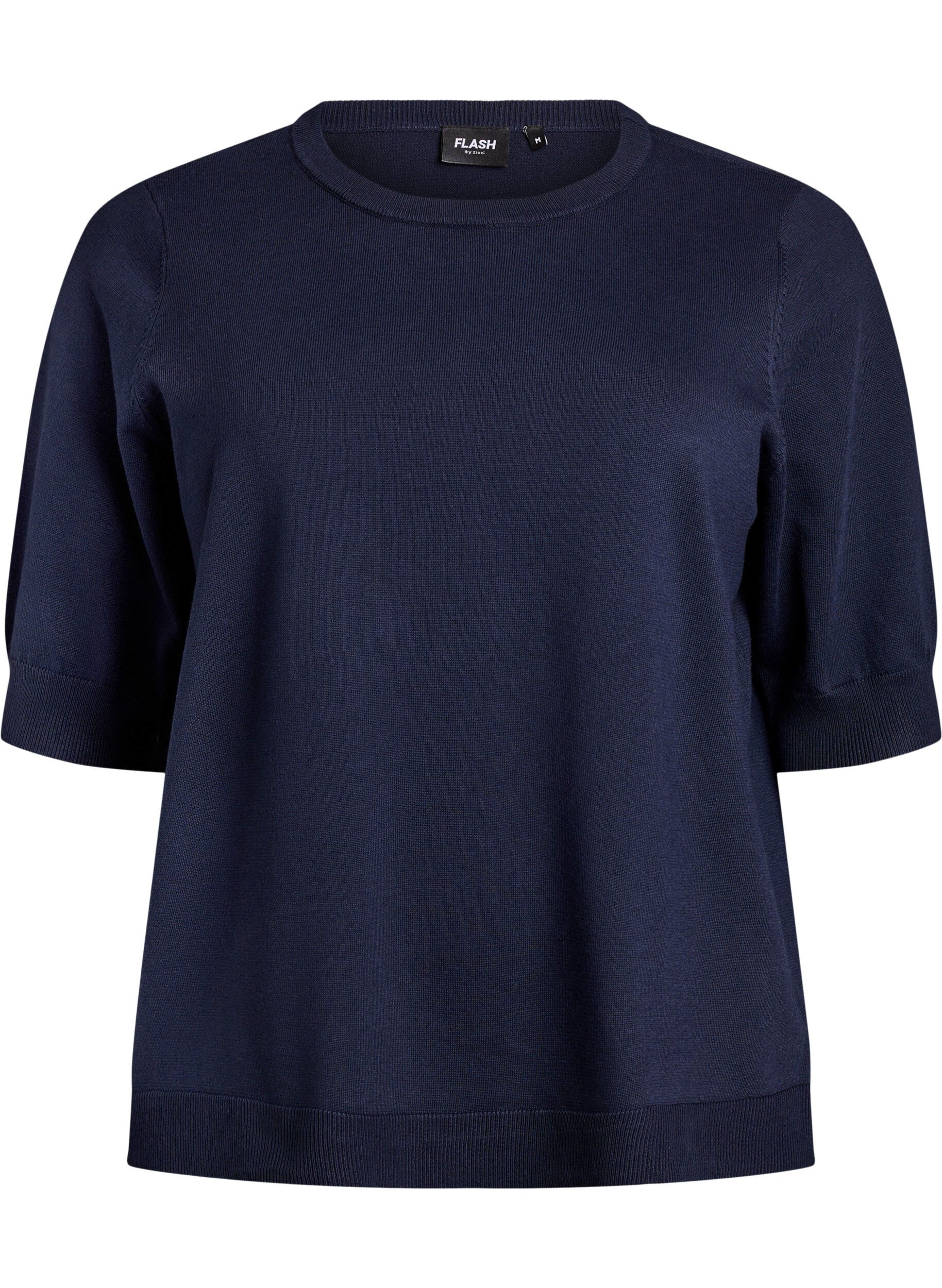 ZizzifashionFine-knit blouse with short sleeves, Blue, Packshot image number 0