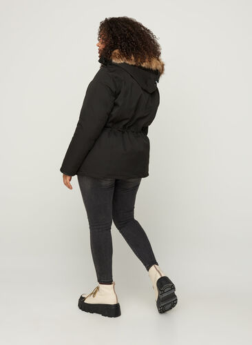 Short winter coat with a hood and faux fur trim, Black, Model image number 1