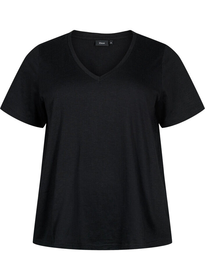 Short-sleeved basic t-shirt with v-neck, Black, Packshot image number 0