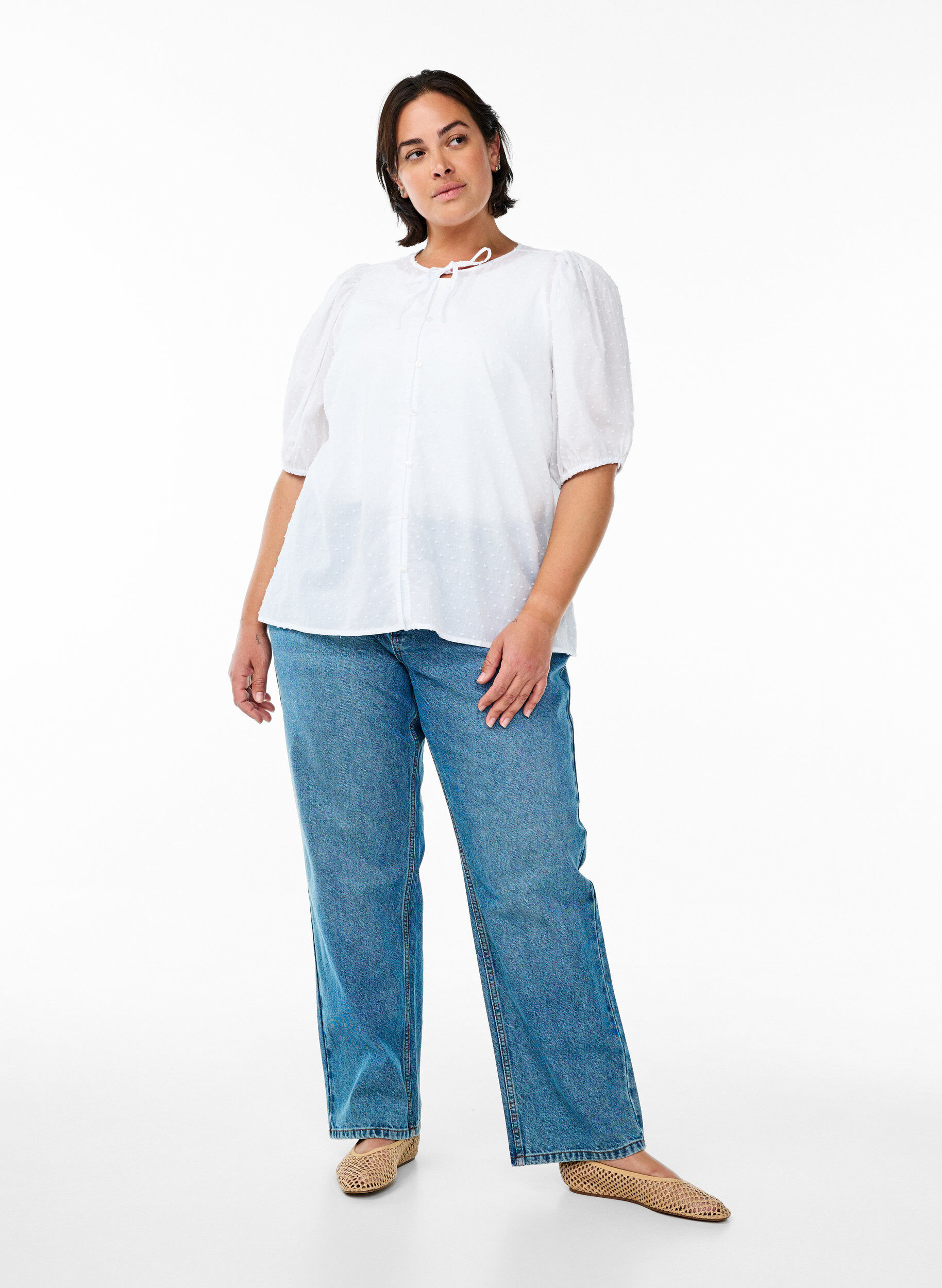 Zizzifashion Shirt blouse with tie string and dotted texture, White, Model image number 1