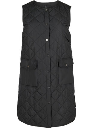 Long quilted vest with button closure and pockets, Black, Packshot image number 0
