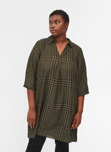 Checked tunic with 3/4 sleeves, Ivy Green Check, Model image number 0