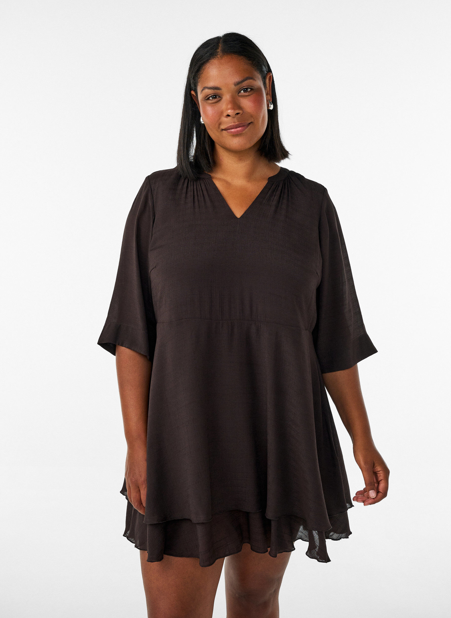 ZizzifashionA-line dress with layered ruffles, Brown, Model image number 0