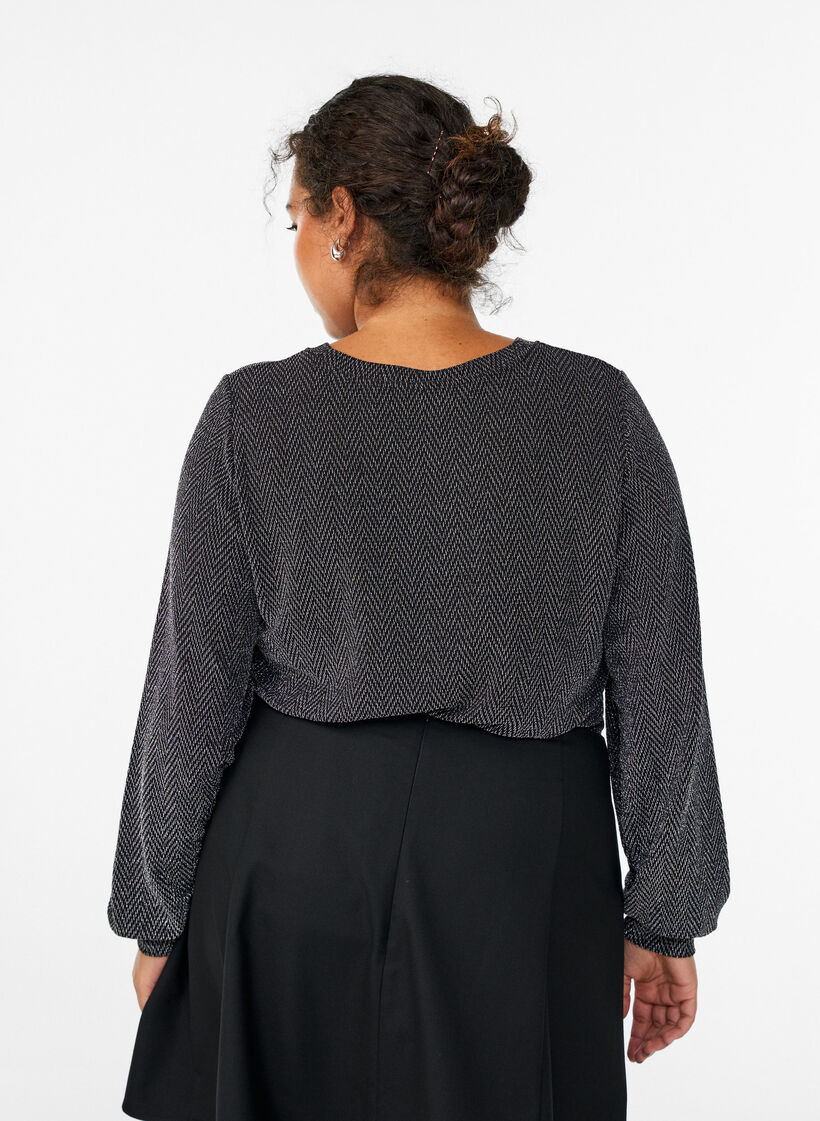 Blouse with herringbone pattern and glitter thread, Black, Model image number 2