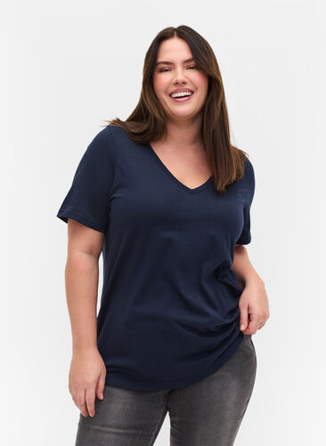 Organic cotton T-shirt with V-neckline, Navy Blazer, Model image number 0