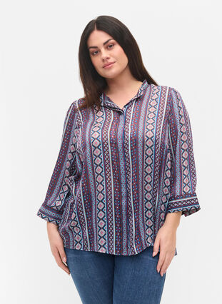 Printed shirt with 3/4 sleeves, Blue Ethnic AOP, Model image number 0