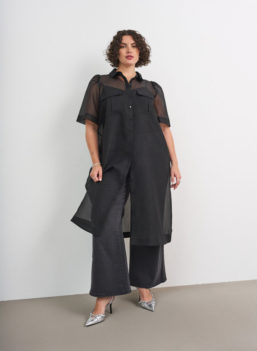 Organza dress with chest pockets and puff sleeves, Black, Model image number 1