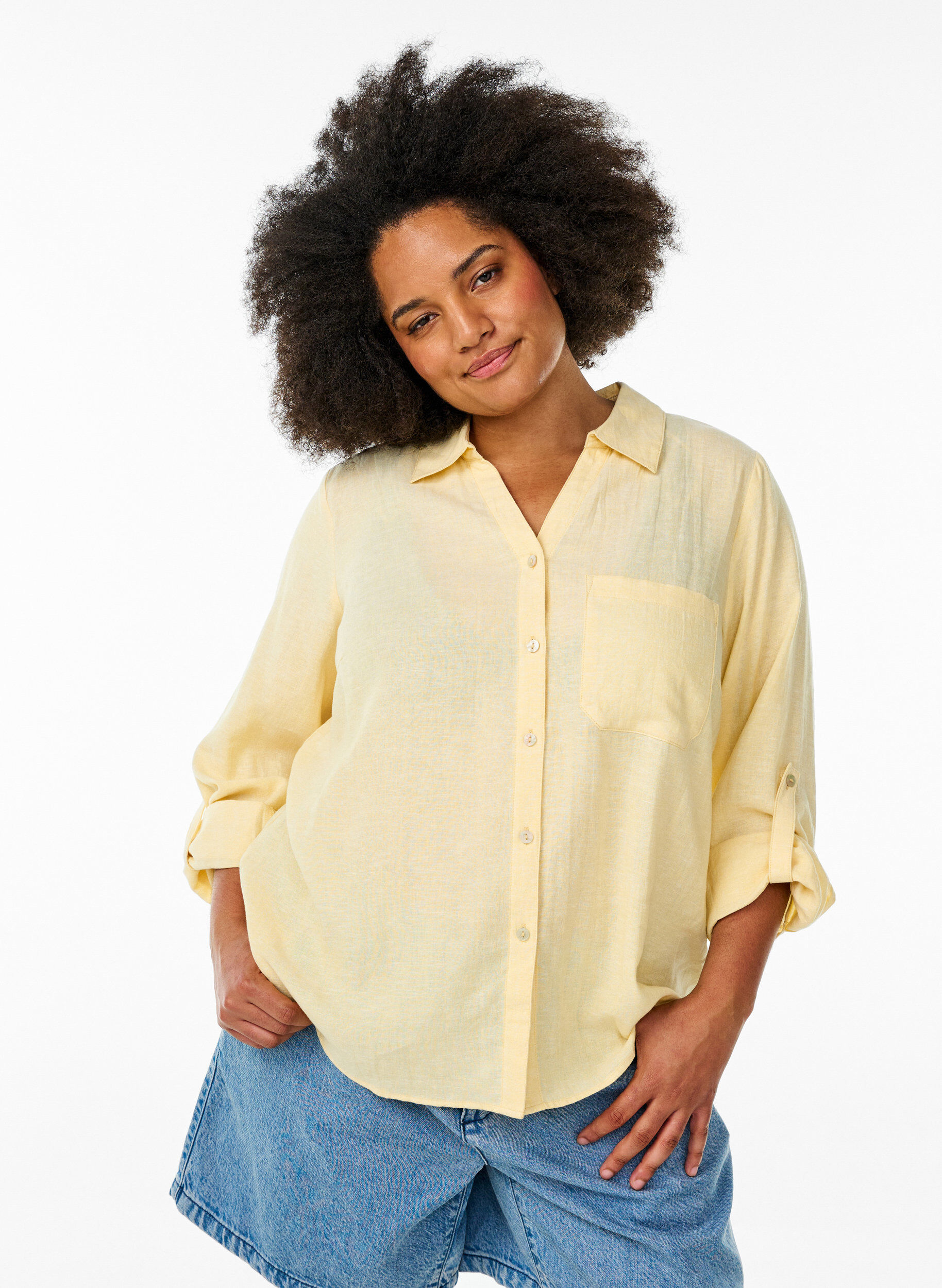ZizzifashionShirt in linen and viscose with 3/4 sleeves, Yellow, Model image number 0