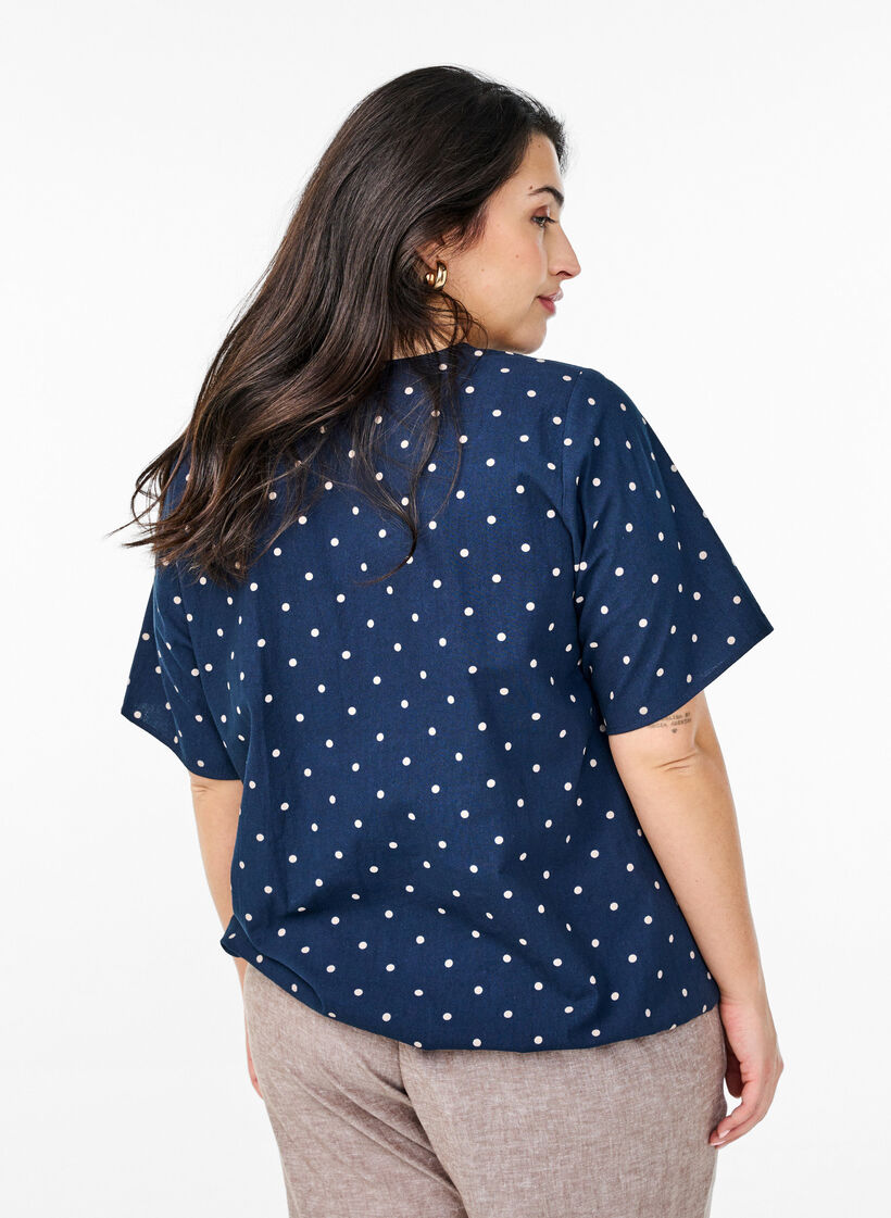 Cotton blouse with print and short sleeves, Blue, Model image number 2