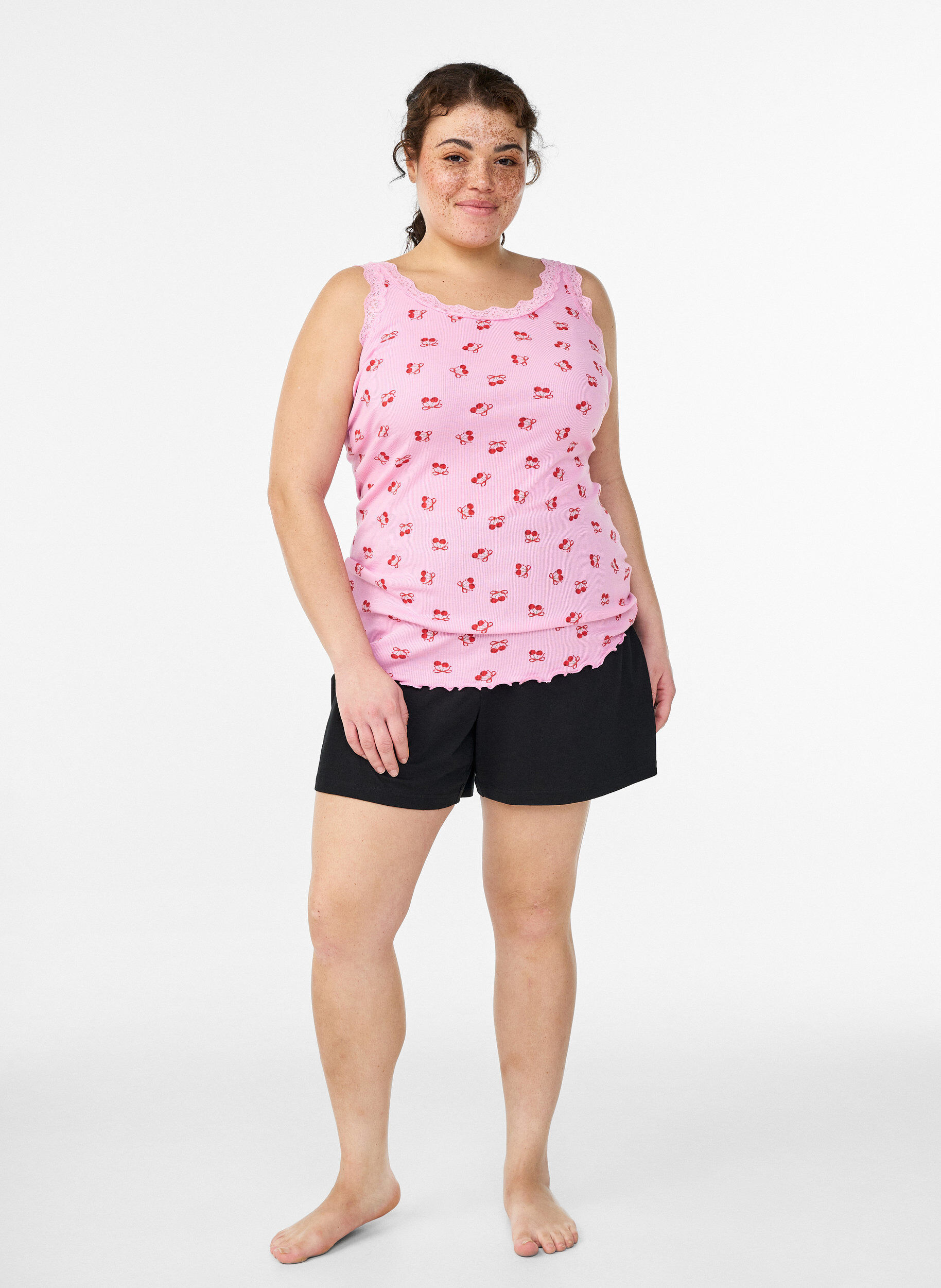 Zizzifashion Top with print and lace edge, Pink, Model image number 1