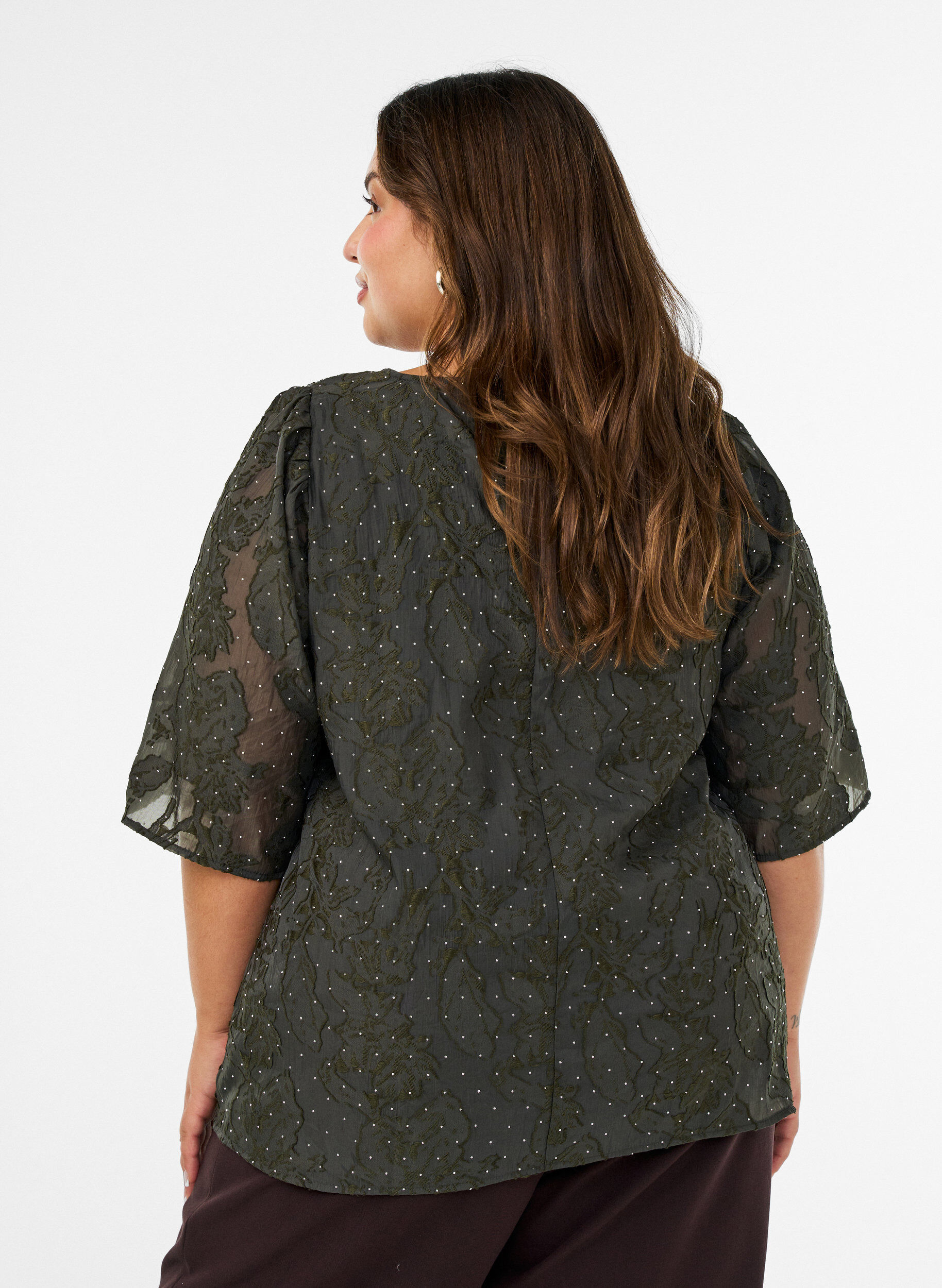 ZizzifashionJacquard blouse with sparkly details and puff sleeves, Green, Model image number 2