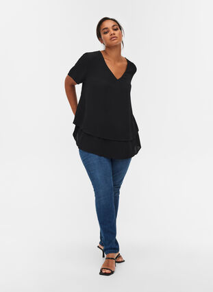 Viscose blouse with 2/4 sleeves and pleat, Black, Model image number 2