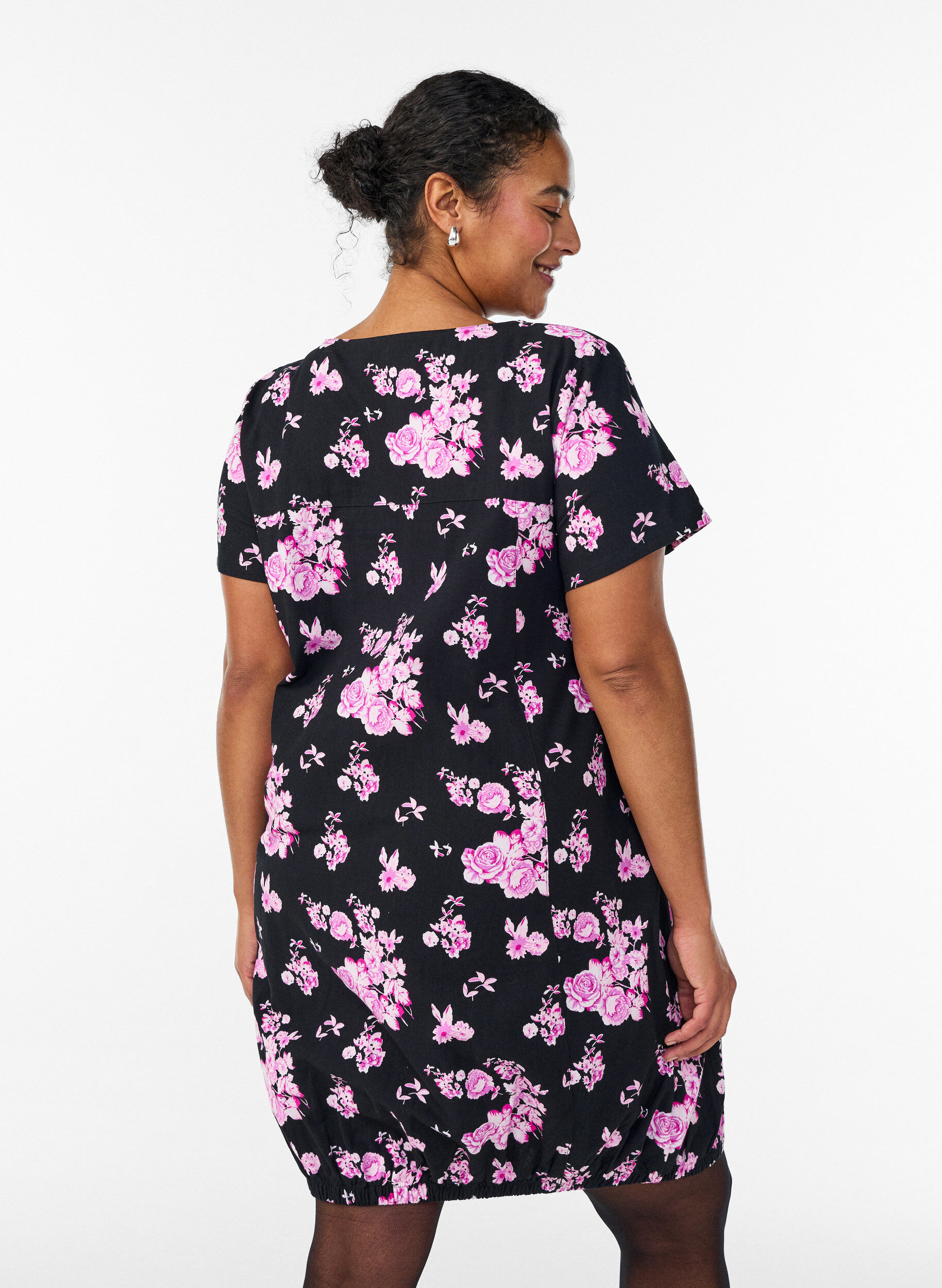 ZizzifashionShort-sleeved cotton dress with print, Black, Model image number 2