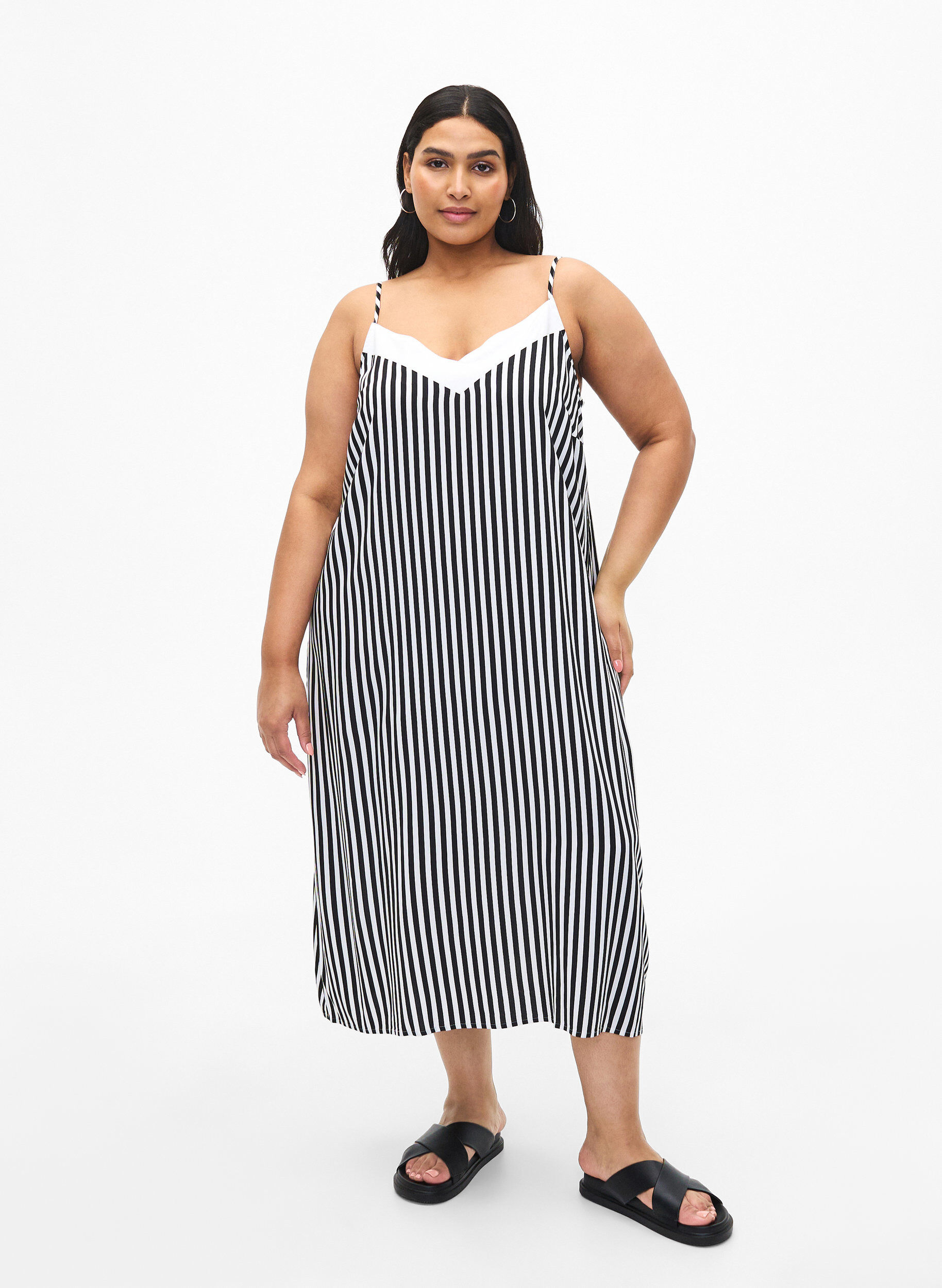 Zizzifashion FLASH - Striped strap dress in viscose, Black White Stripe, Model image number 0