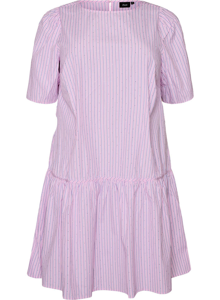 Knee-length striped dress with stones and puff sleeves, Pink, Packshot image number 0