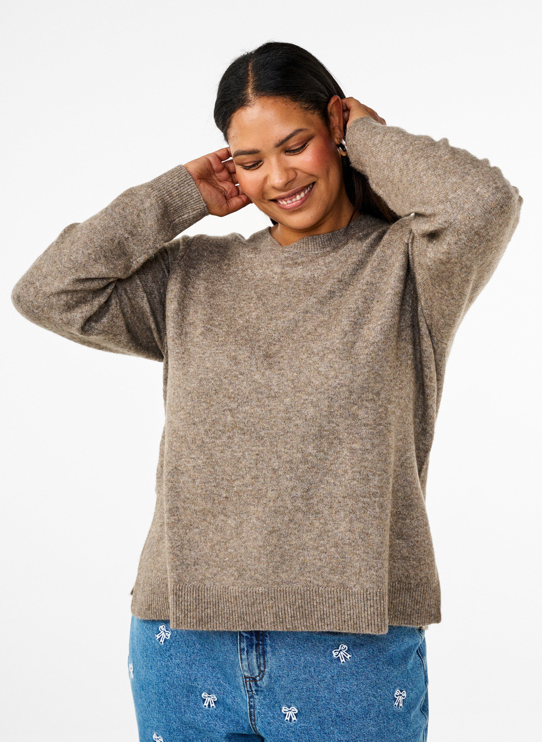 Zizzifashion Knitted top with wool and slits, Walnut Mel., Model image number 0