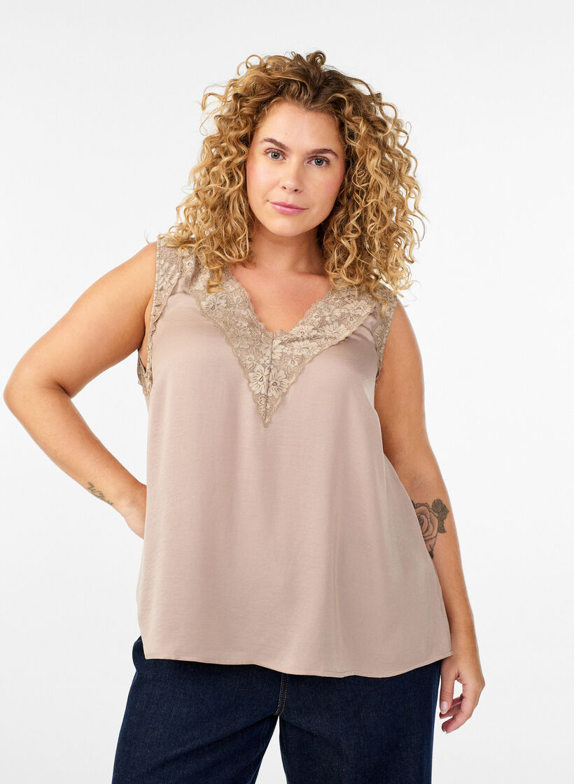 Sleeveless top with lace, Beige, Model image number 0