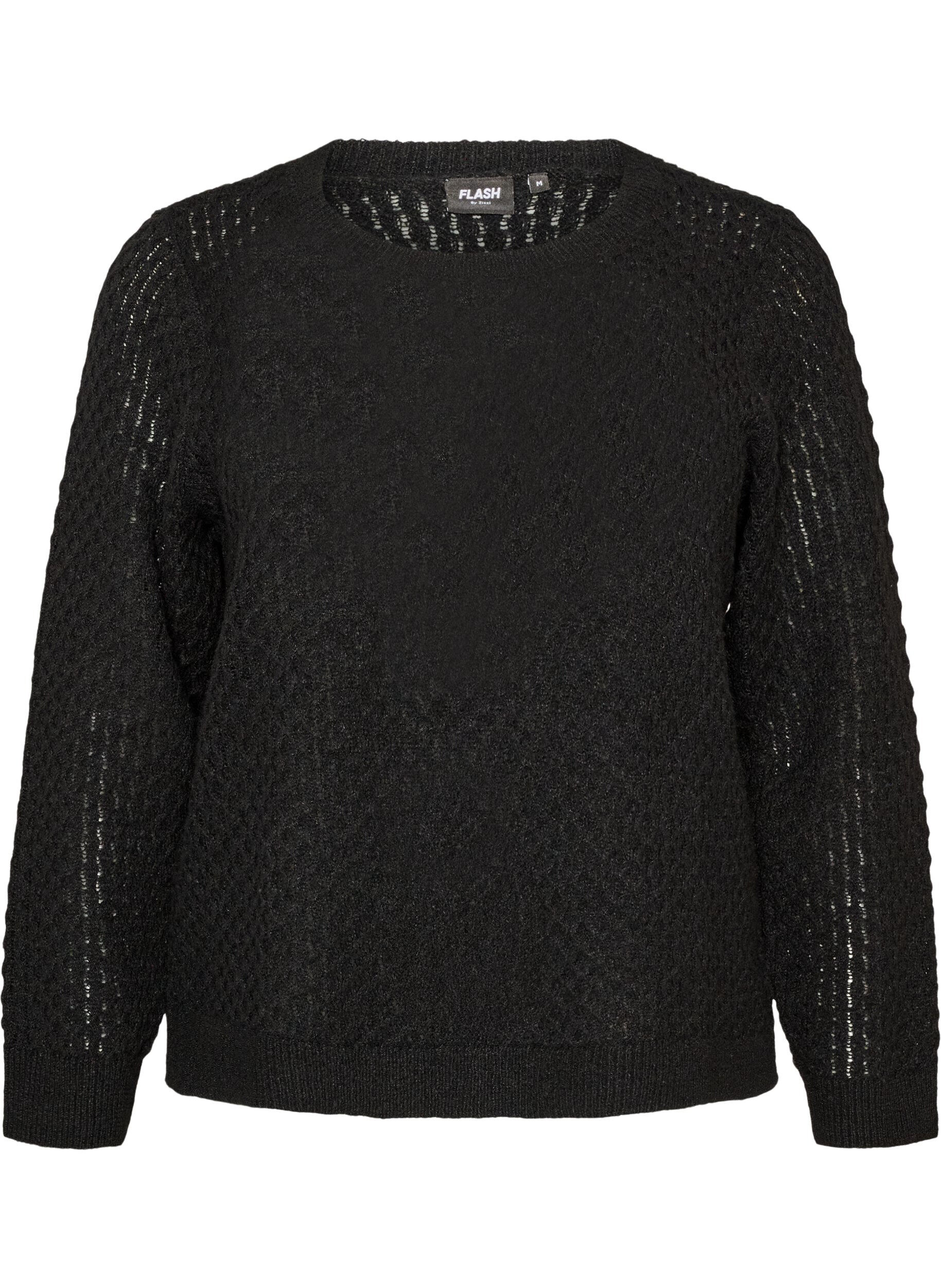 ZizzifashionKnitted blouse with a textured openwork pattern, Black, Packshot image number 0