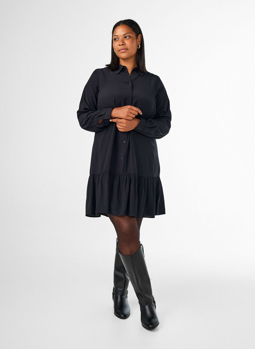 Short shirt dress with ruffle tier, Black, Model image number 1