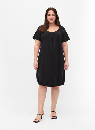 Short-sleeved cotton dress with round neckline, Black, Model image number 2