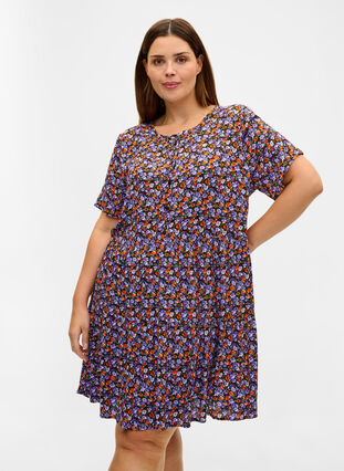 Short-sleeved viscose dress with A-line cut, Purple Ditsy Flower, Model image number 0