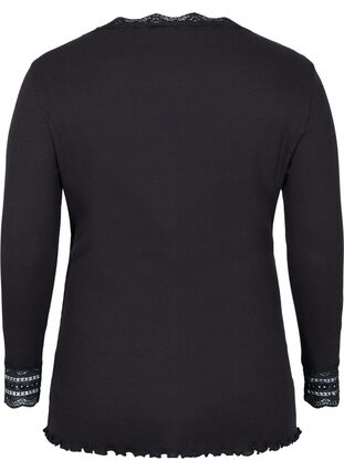 Long-sleeved ribbed blouse with lace details, Black, Packshot image number 1