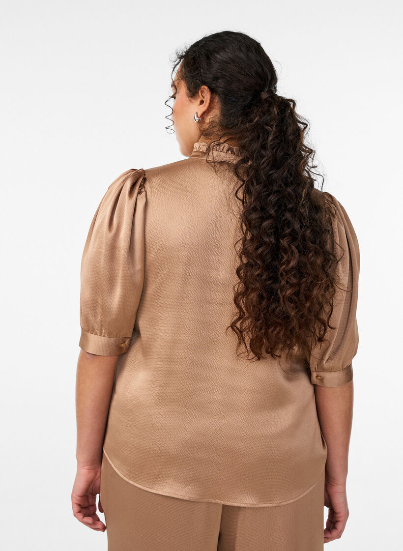 Satin-look blouse with 1/2 sleeves and a ruffle collar, Brown, Model image number 2