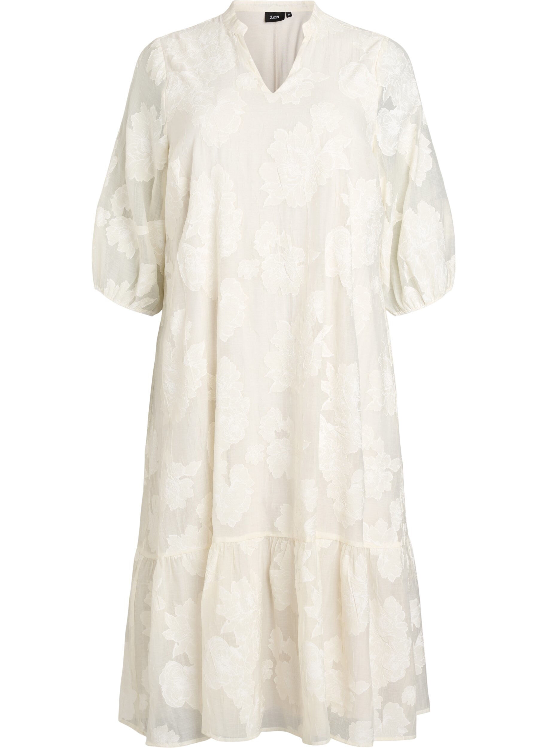 Zizzifashion Midi dress with a floral print and sheer 3/4 sleeves, Beige, Packshot image number 0