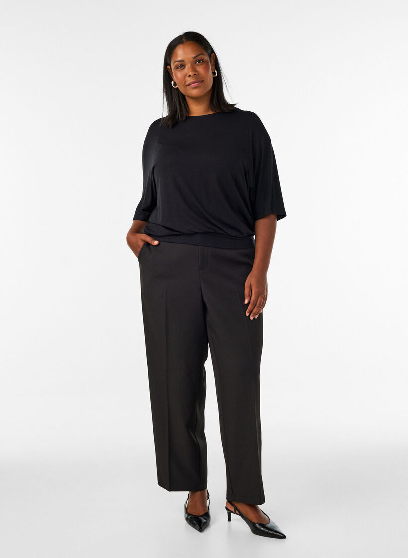 Jersey blouse with elbow-length balloon sleeves, Black, Model image number 1