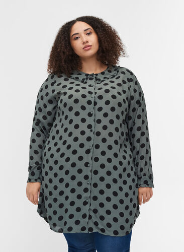 Long polka dot viscose shirt, Thyme Dot, Model image number 0