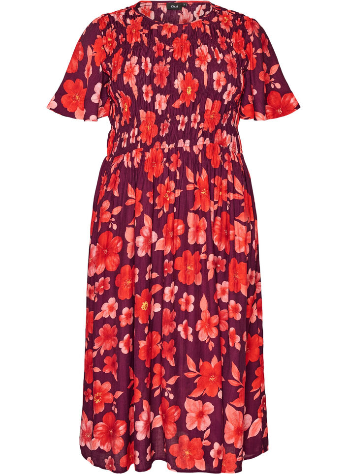 Dress with smocking and floral print, Purple, Packshot