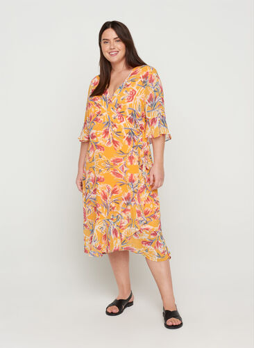 Floral wrap dress with 3/4-length sleeves, Cadmium Yellow AOP, Model image number 0