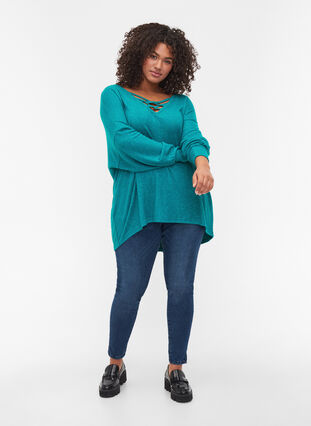 Promotional item - Long-sleeved viscose blouse with v-neck, Teal Green Melange, Model image number 2