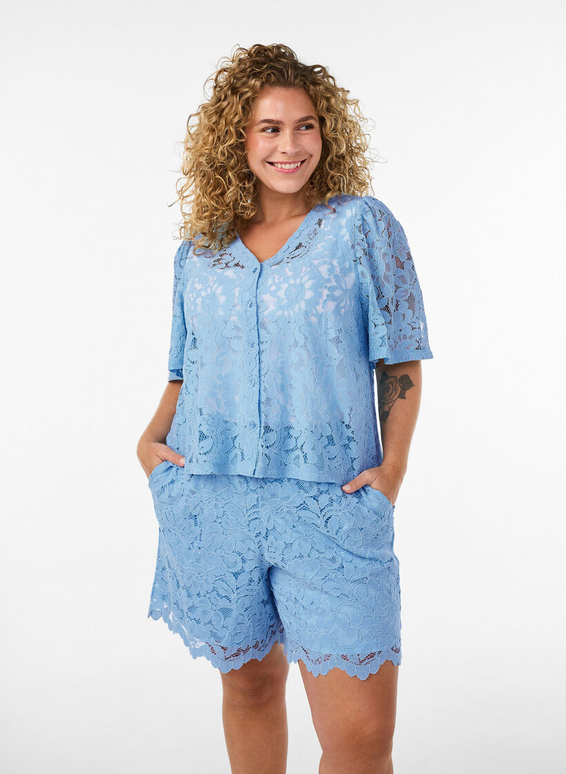 Short-sleeved lace blouse with V-neck, Blue, Model image number 0