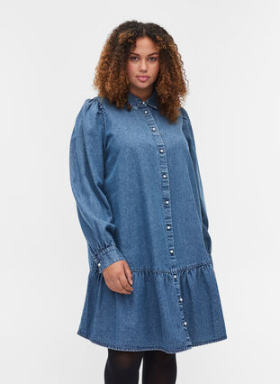 Puff sleeve denim tunic with pearl buttons, Blue denim, Model image number 0