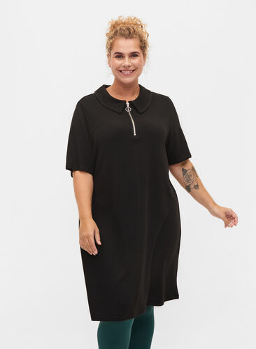 Short-sleeved dress with a collar and zip, Black, Model image number 0