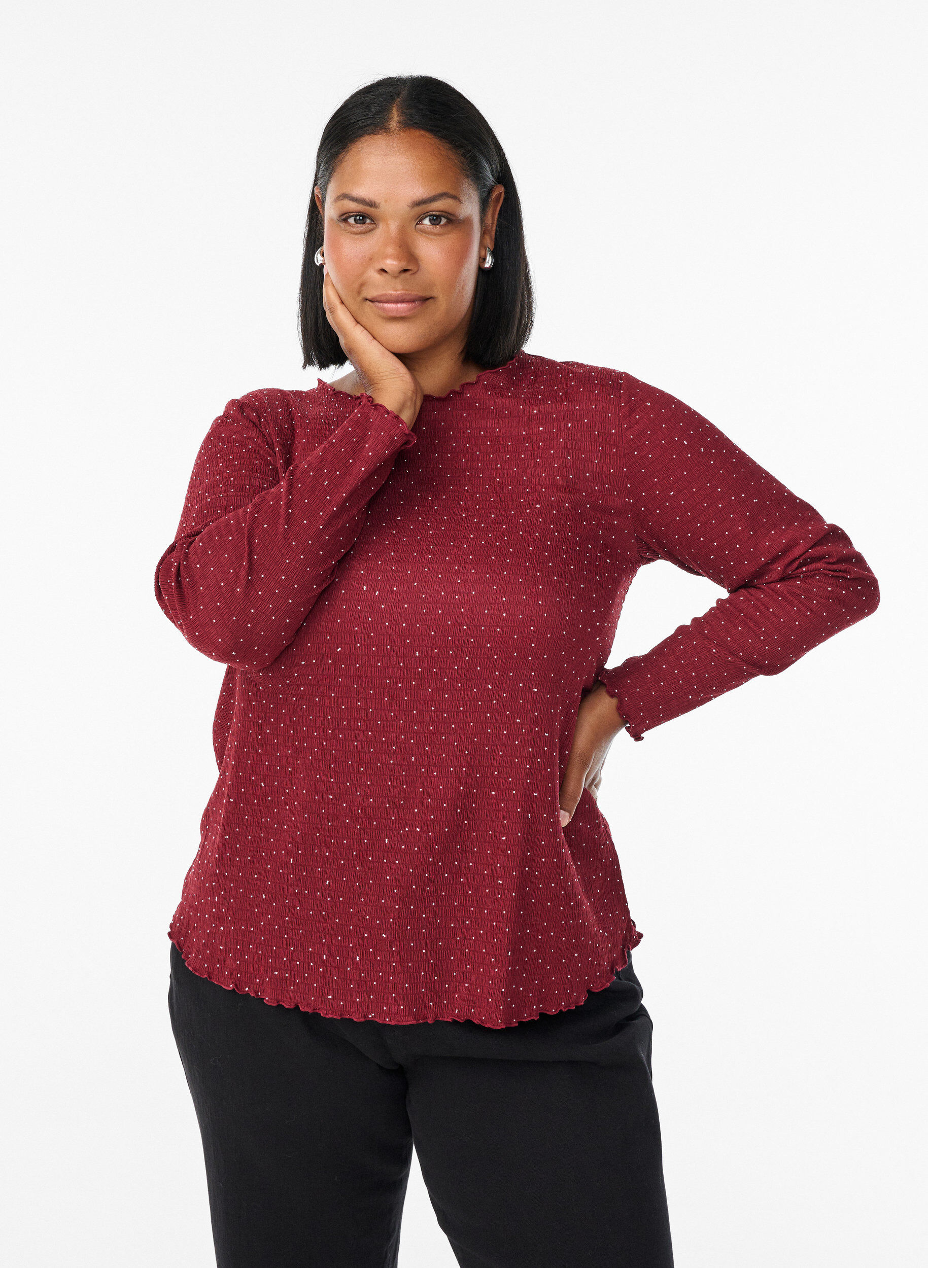 Long-sleeved blouse with rhinestones, Dark Bordeaux, Model