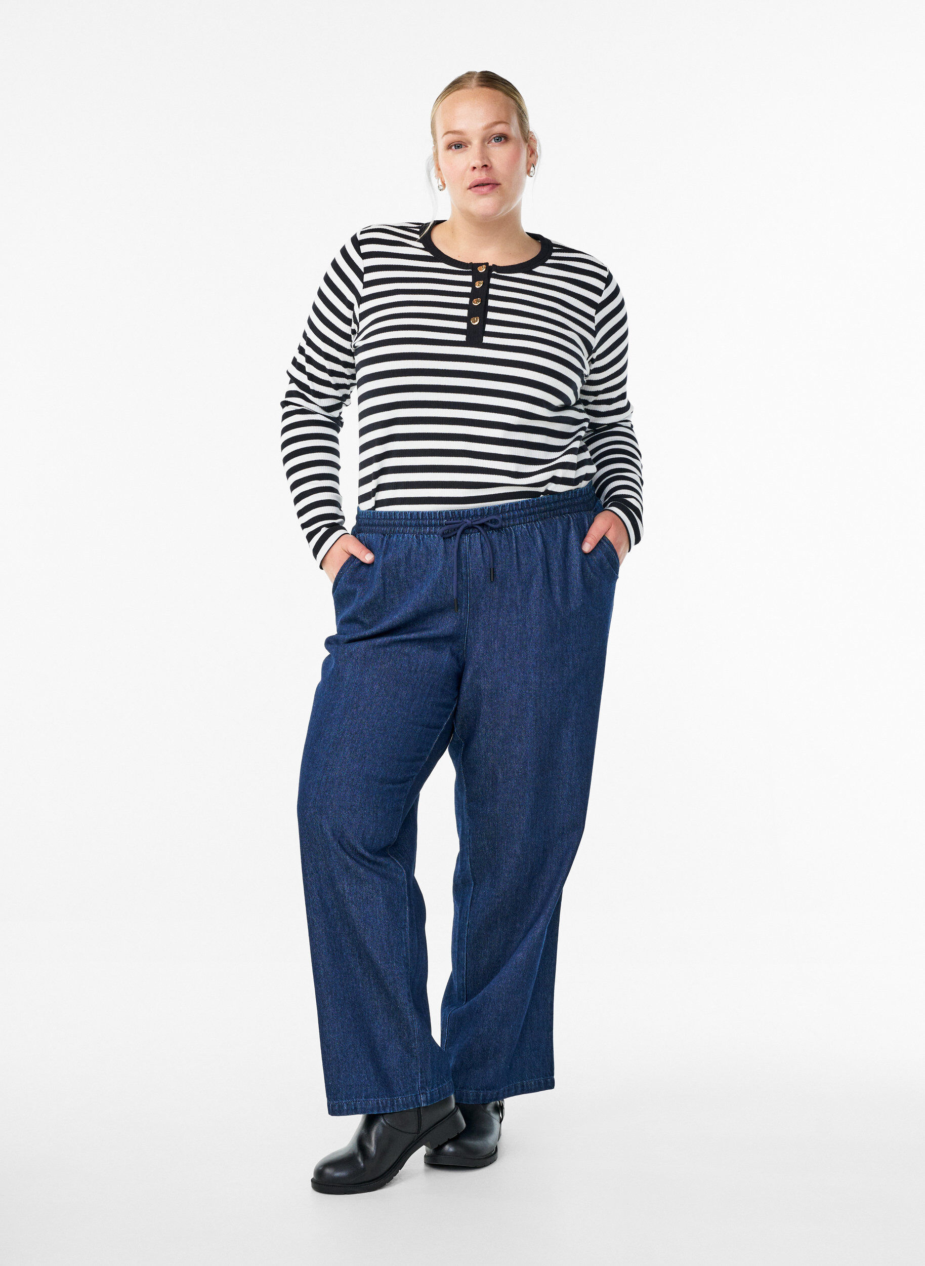 Zizzifashion Striped jersey blouse with a ribbed texture, Black, Model image number 1