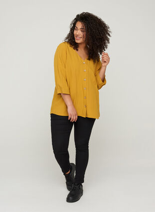 Viscose blouse with buttons and v-neck, Harvest Gold, Model image number 2
