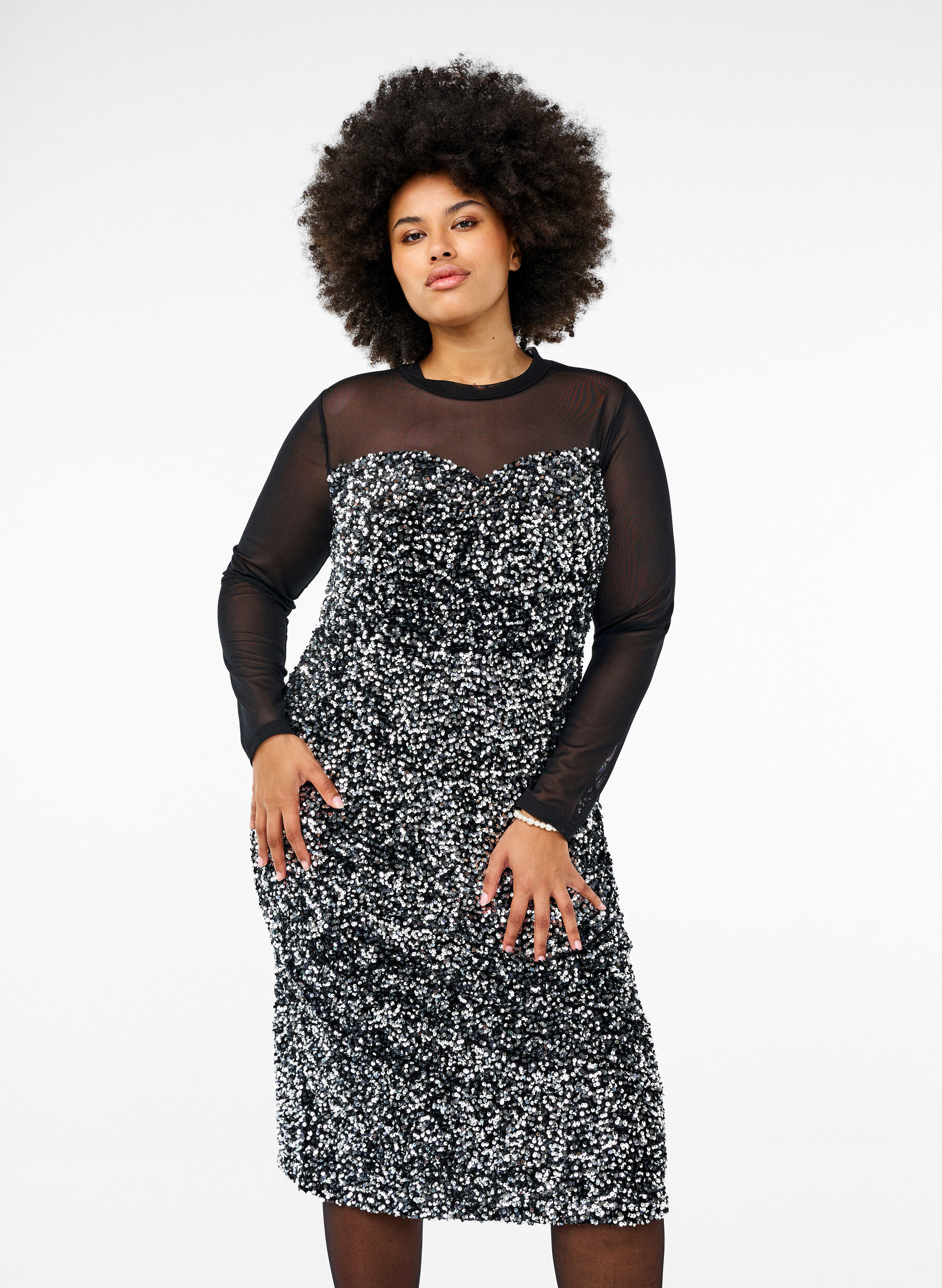 Zizzifashion Glitter dress with sequins, Black w. Silver, Model image number 0