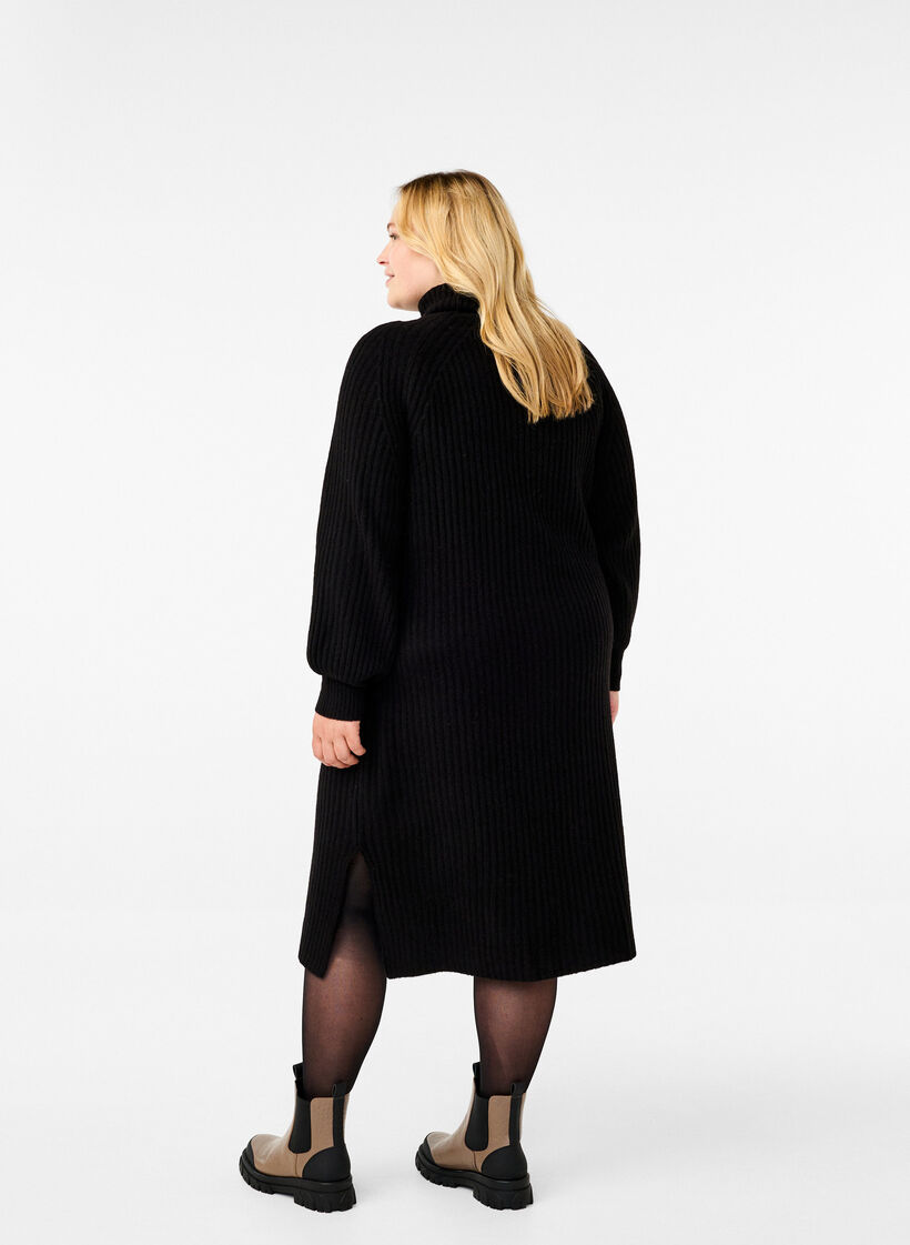 Long knit dress with turtleneck, Black, Model image number 1