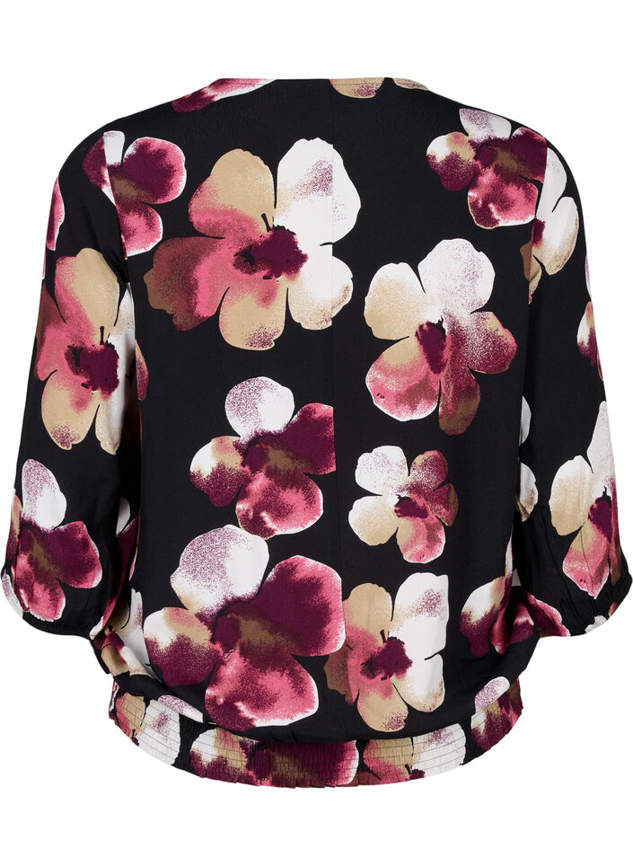 Viscose blouse with print and smock, Black, Packshot image number 1