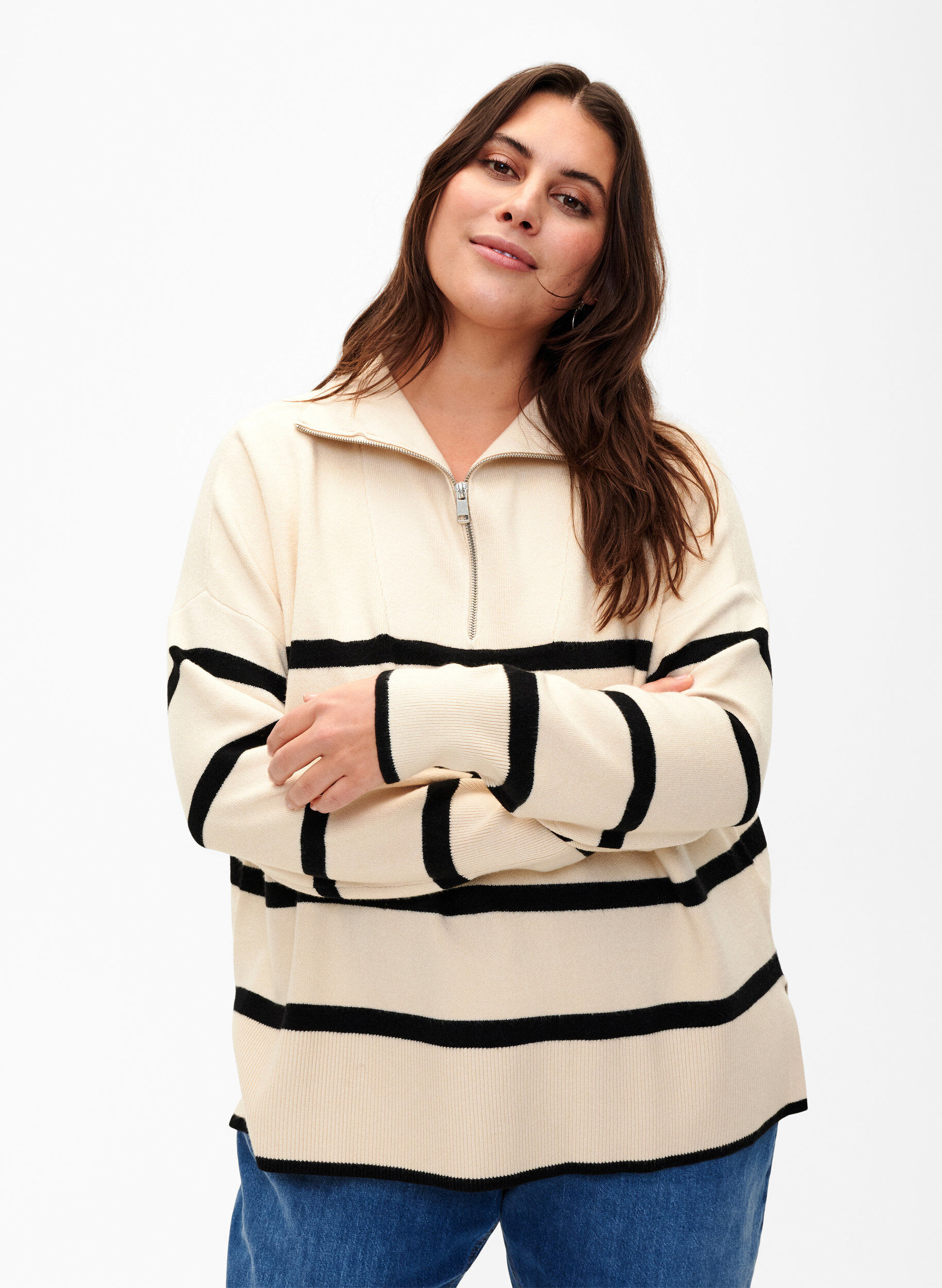 Zizzifashion Pullover with stripes and high collar	, Birch w. Black, Model image number 0