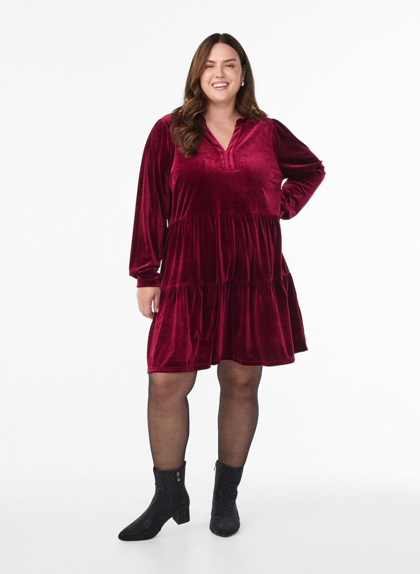 Short velour dress with a ruffle collar and long sleeves, Red, Model image number 1