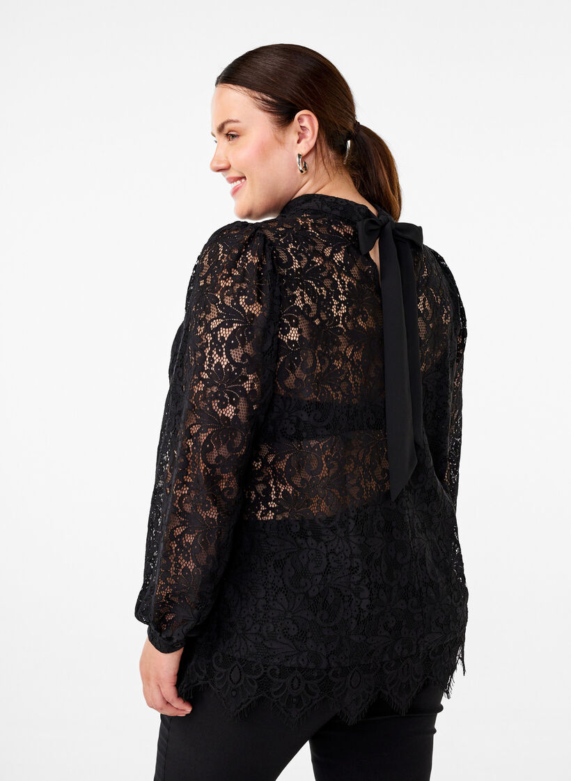 Lace blouse with bow detail, Black, Model image number 1