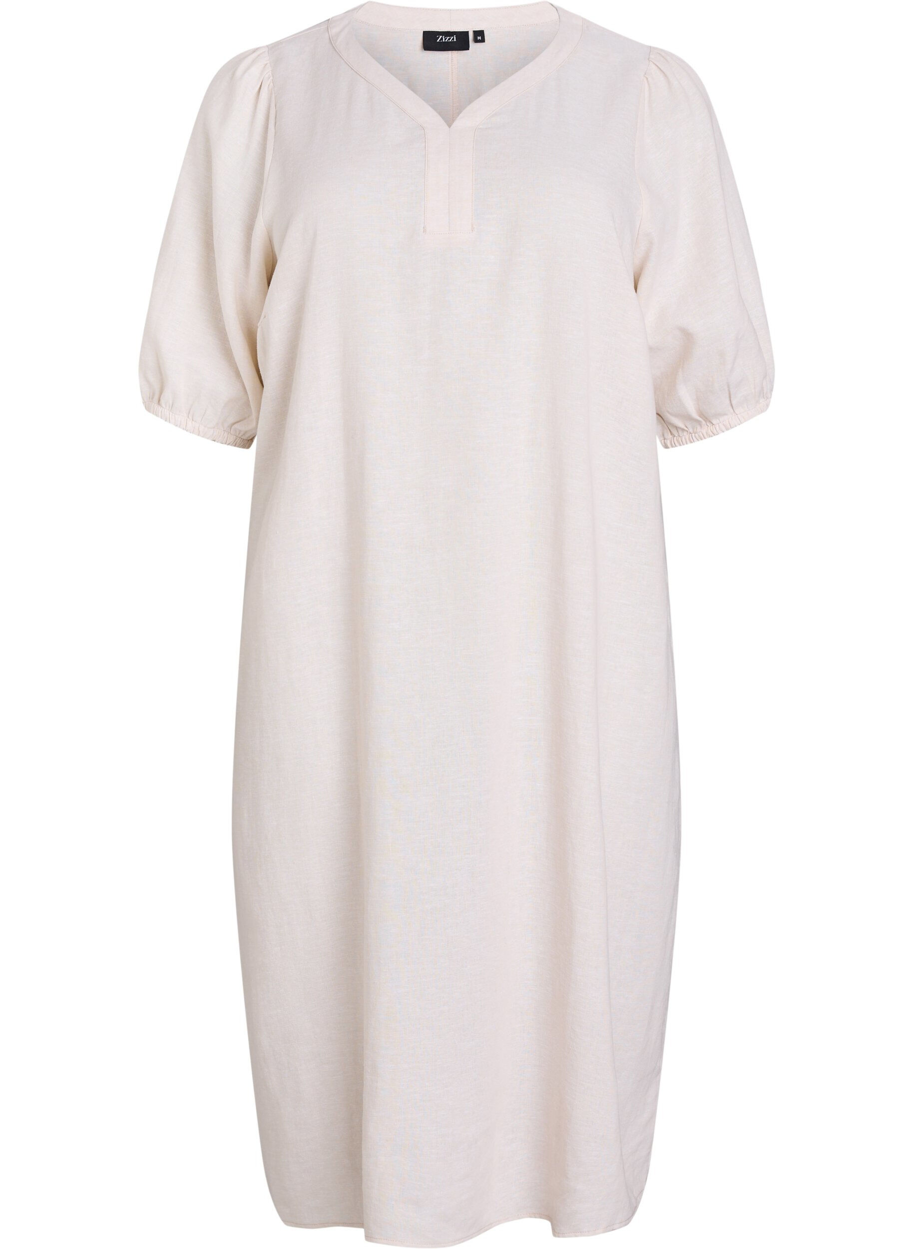 Midi dress in linen and viscose with short sleeves