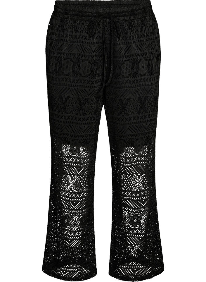 Eyelet lace trousers with straight legs, Black, Packshot image number 0