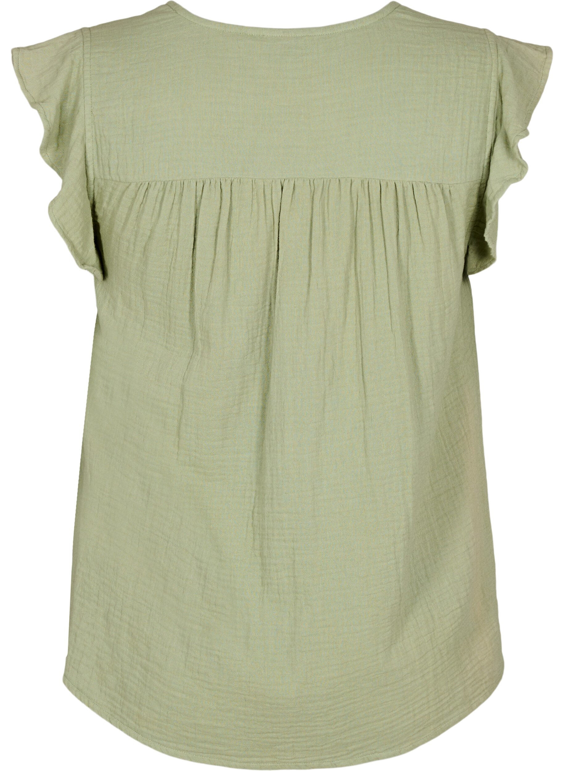 Zizzifashion Sleeveless top in cotton muslin with ruffles, Green, Packshot image number 1