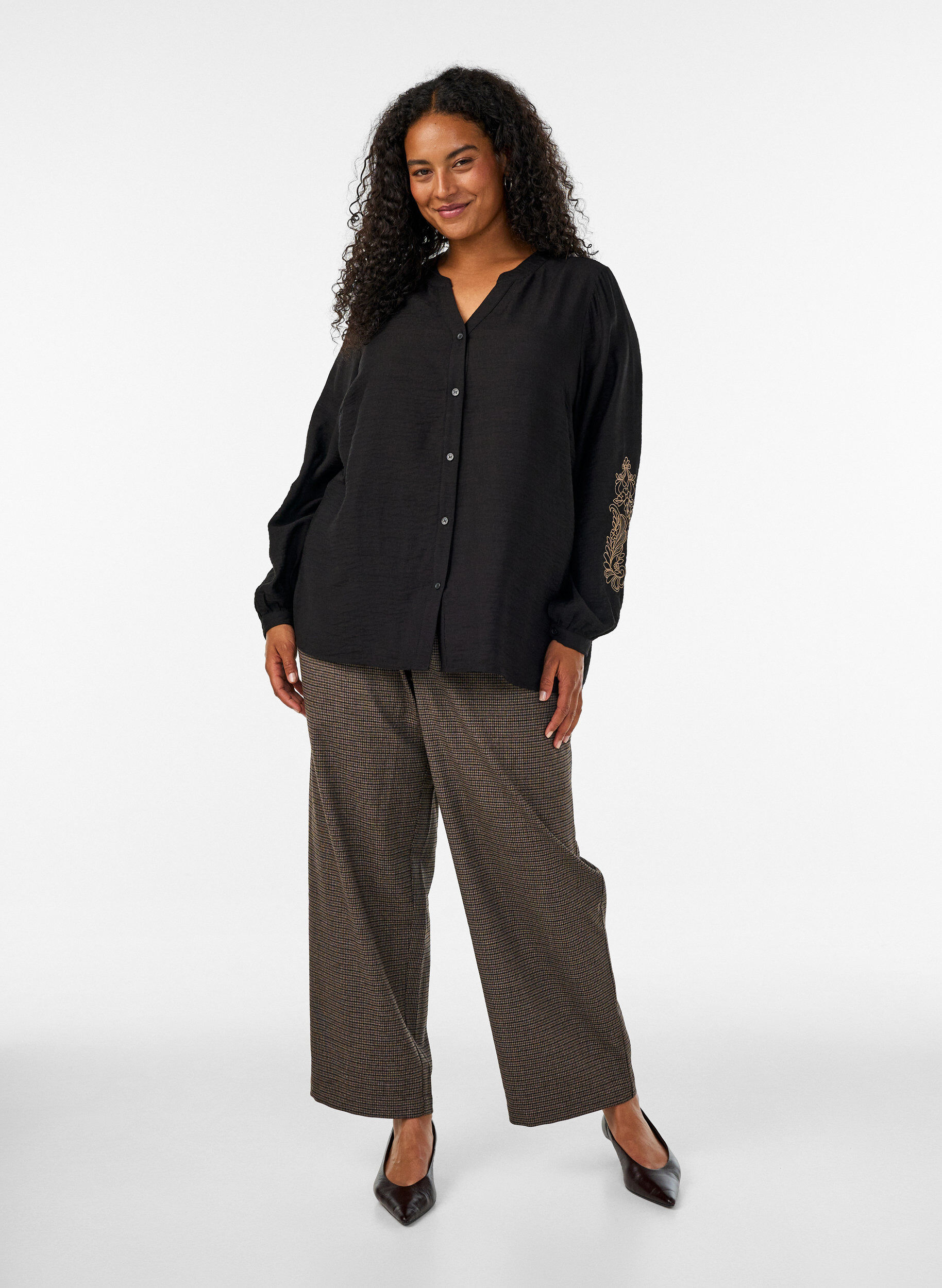 ZizzifashionViscose shirt with embroidered sleeves, Black, Model image number 1
