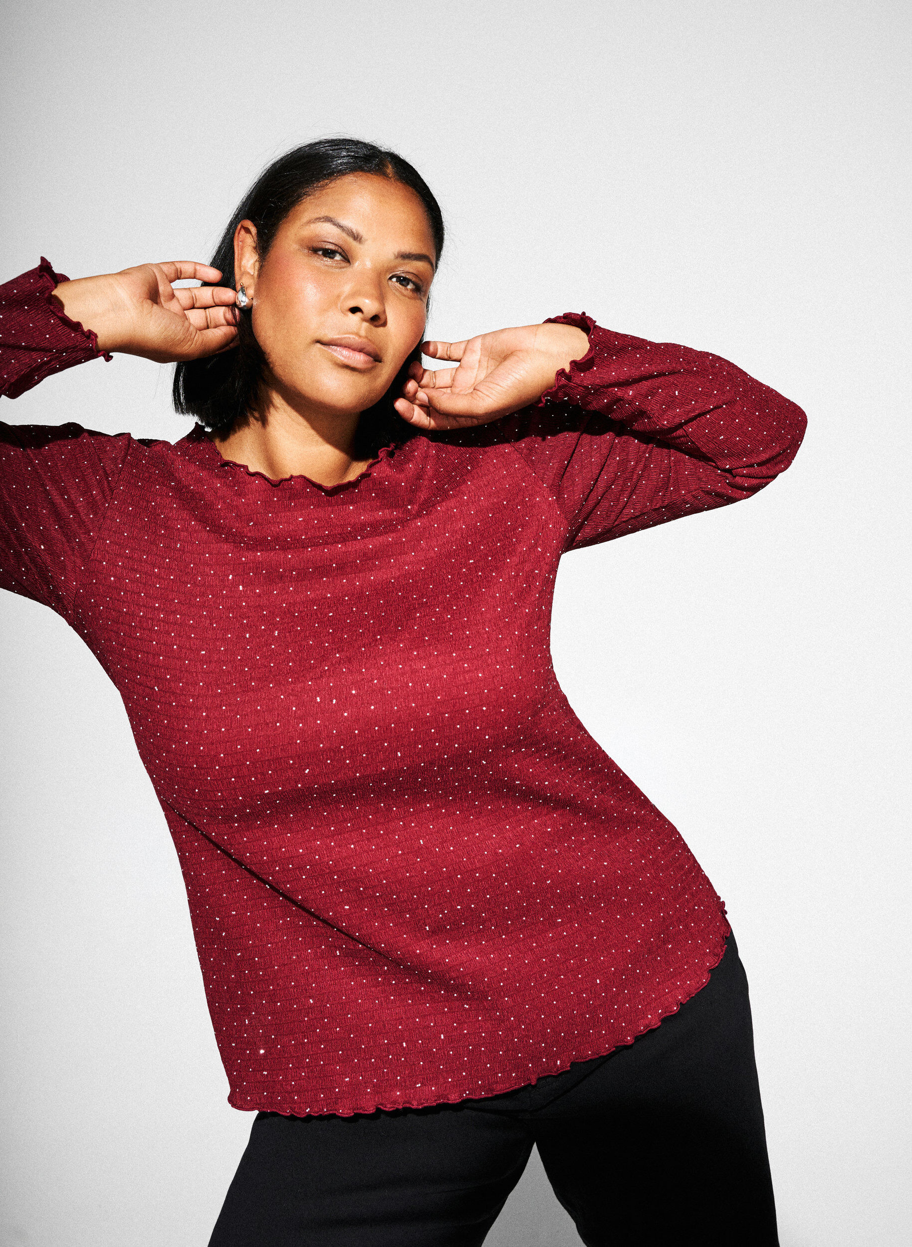 Zizzifashion Long-sleeved blouse with rhinestones, Dark Bordeaux, Image image number 0